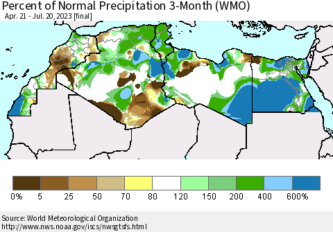 North Africa Percent of Normal Precipitation 3-Month (WMO) Thematic Map For 4/21/2023 - 7/20/2023