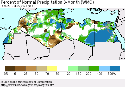 North Africa Percent of Normal Precipitation 3-Month (WMO) Thematic Map For 4/26/2023 - 7/25/2023