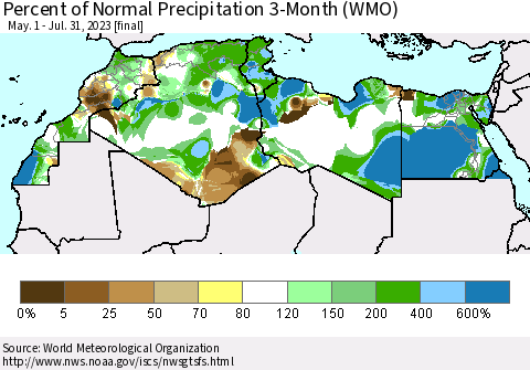 North Africa Percent of Normal Precipitation 3-Month (WMO) Thematic Map For 5/1/2023 - 7/31/2023