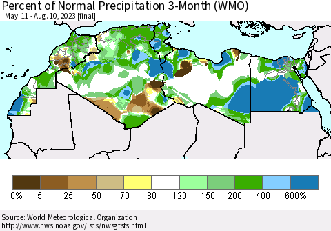 North Africa Percent of Normal Precipitation 3-Month (WMO) Thematic Map For 5/11/2023 - 8/10/2023