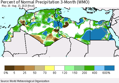 North Africa Percent of Normal Precipitation 3-Month (WMO) Thematic Map For 5/16/2023 - 8/15/2023