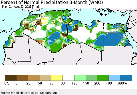 North Africa Percent of Normal Precipitation 3-Month (WMO) Thematic Map For 5/21/2023 - 8/20/2023