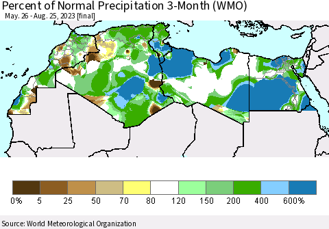 North Africa Percent of Normal Precipitation 3-Month (WMO) Thematic Map For 5/26/2023 - 8/25/2023