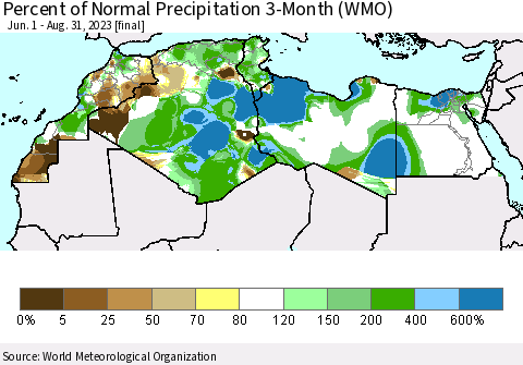 North Africa Percent of Normal Precipitation 3-Month (WMO) Thematic Map For 6/1/2023 - 8/31/2023
