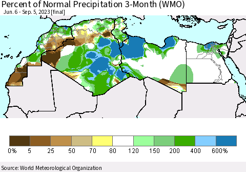 North Africa Percent of Normal Precipitation 3-Month (WMO) Thematic Map For 6/6/2023 - 9/5/2023