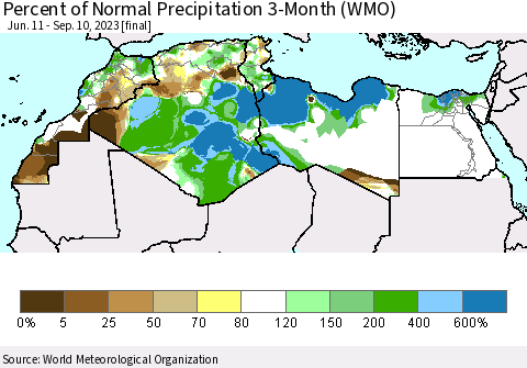 North Africa Percent of Normal Precipitation 3-Month (WMO) Thematic Map For 6/11/2023 - 9/10/2023