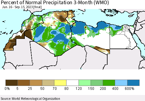 North Africa Percent of Normal Precipitation 3-Month (WMO) Thematic Map For 6/16/2023 - 9/15/2023