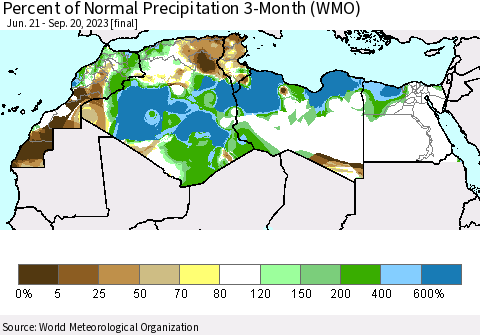 North Africa Percent of Normal Precipitation 3-Month (WMO) Thematic Map For 6/21/2023 - 9/20/2023