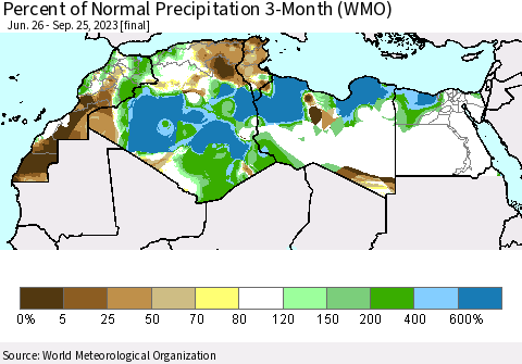 North Africa Percent of Normal Precipitation 3-Month (WMO) Thematic Map For 6/26/2023 - 9/25/2023