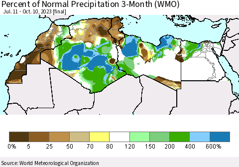 North Africa Percent of Normal Precipitation 3-Month (WMO) Thematic Map For 7/11/2023 - 10/10/2023