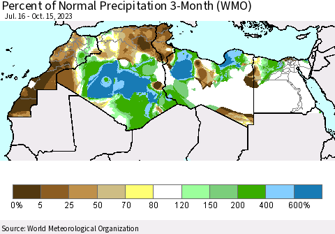 North Africa Percent of Normal Precipitation 3-Month (WMO) Thematic Map For 7/16/2023 - 10/15/2023
