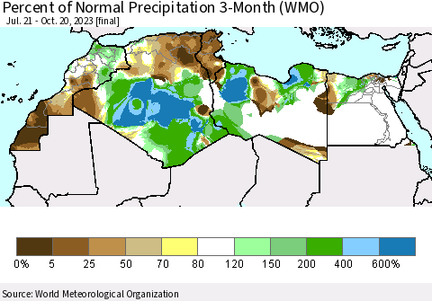 North Africa Percent of Normal Precipitation 3-Month (WMO) Thematic Map For 7/21/2023 - 10/20/2023