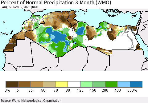 North Africa Percent of Normal Precipitation 3-Month (WMO) Thematic Map For 8/6/2023 - 11/5/2023