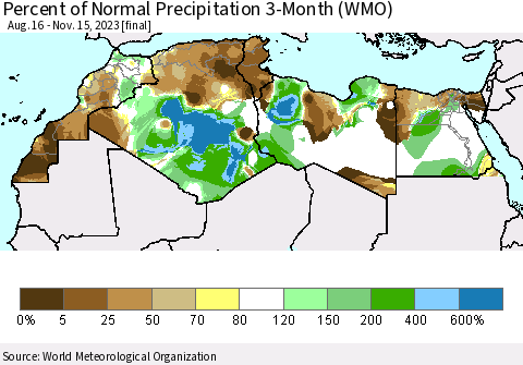 North Africa Percent of Normal Precipitation 3-Month (WMO) Thematic Map For 8/16/2023 - 11/15/2023