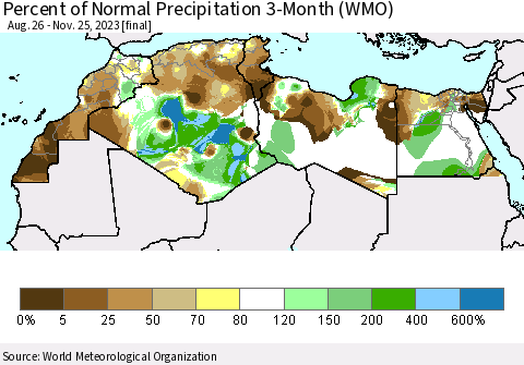North Africa Percent of Normal Precipitation 3-Month (WMO) Thematic Map For 8/26/2023 - 11/25/2023