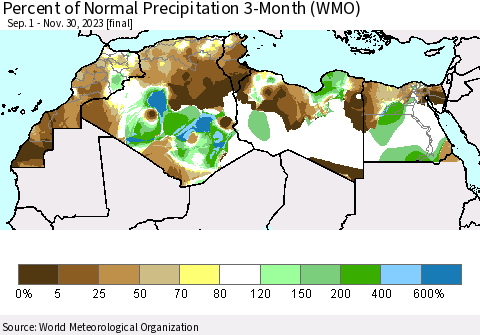 North Africa Percent of Normal Precipitation 3-Month (WMO) Thematic Map For 9/1/2023 - 11/30/2023