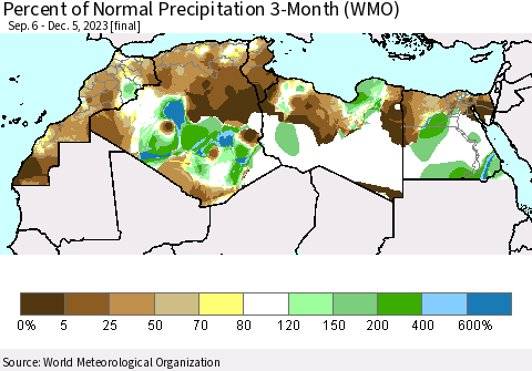 North Africa Percent of Normal Precipitation 3-Month (WMO) Thematic Map For 9/6/2023 - 12/5/2023