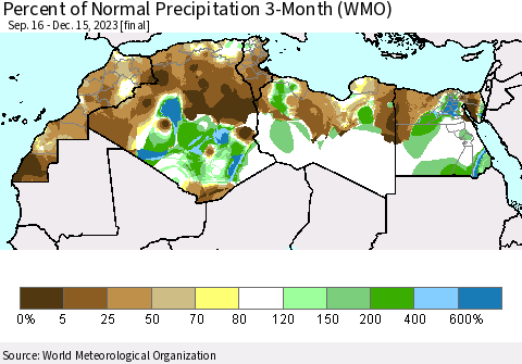 North Africa Percent of Normal Precipitation 3-Month (WMO) Thematic Map For 9/16/2023 - 12/15/2023