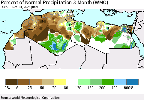 North Africa Percent of Normal Precipitation 3-Month (WMO) Thematic Map For 10/1/2023 - 12/31/2023
