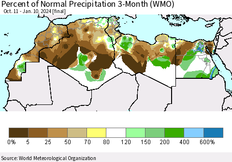 North Africa Percent of Normal Precipitation 3-Month (WMO) Thematic Map For 10/11/2023 - 1/10/2024