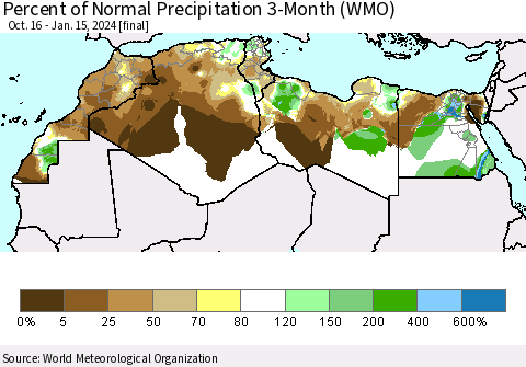 North Africa Percent of Normal Precipitation 3-Month (WMO) Thematic Map For 10/16/2023 - 1/15/2024