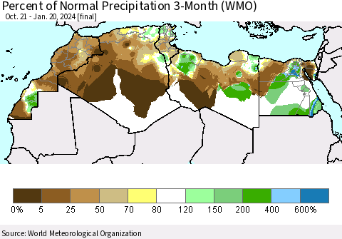 North Africa Percent of Normal Precipitation 3-Month (WMO) Thematic Map For 10/21/2023 - 1/20/2024