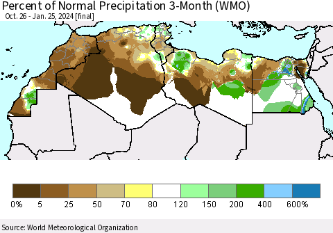North Africa Percent of Normal Precipitation 3-Month (WMO) Thematic Map For 10/26/2023 - 1/25/2024