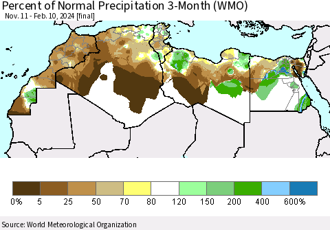 North Africa Percent of Normal Precipitation 3-Month (WMO) Thematic Map For 11/11/2023 - 2/10/2024