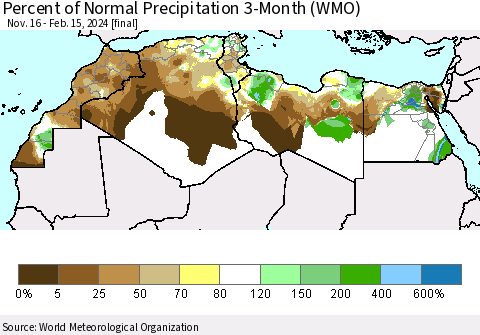 North Africa Percent of Normal Precipitation 3-Month (WMO) Thematic Map For 11/16/2023 - 2/15/2024