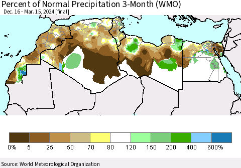 North Africa Percent of Normal Precipitation 3-Month (WMO) Thematic Map For 12/16/2023 - 3/15/2024
