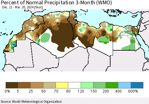 North Africa Percent of Normal Precipitation 3-Month (WMO) Thematic Map For 12/21/2023 - 3/20/2024