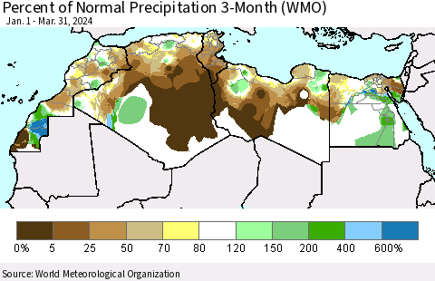 North Africa Percent of Normal Precipitation 3-Month (WMO) Thematic Map For 1/1/2024 - 3/31/2024