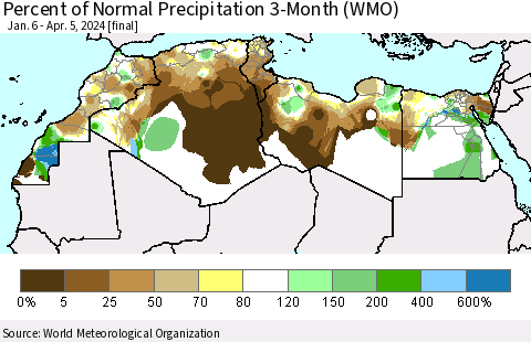North Africa Percent of Normal Precipitation 3-Month (WMO) Thematic Map For 1/6/2024 - 4/5/2024