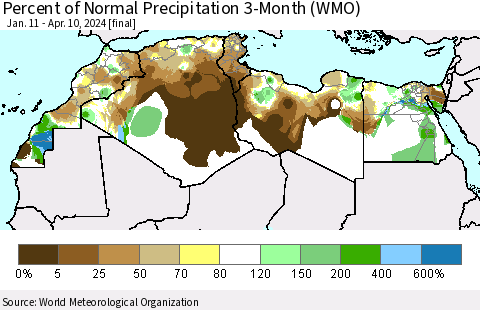 North Africa Percent of Normal Precipitation 3-Month (WMO) Thematic Map For 1/11/2024 - 4/10/2024