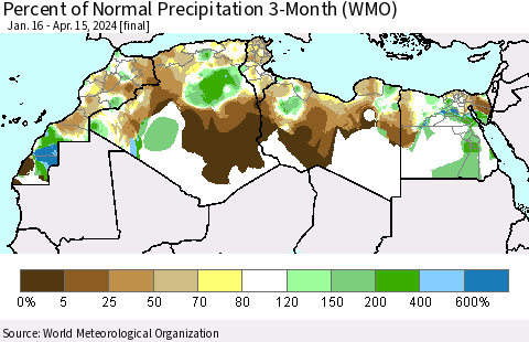 North Africa Percent of Normal Precipitation 3-Month (WMO) Thematic Map For 1/16/2024 - 4/15/2024