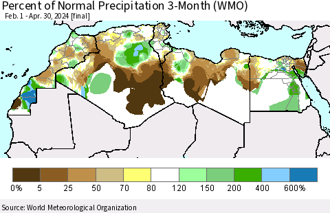 North Africa Percent of Normal Precipitation 3-Month (WMO) Thematic Map For 2/1/2024 - 4/30/2024