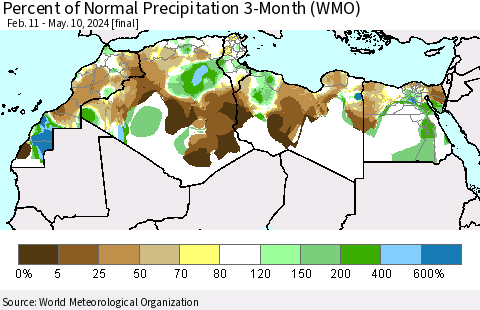 North Africa Percent of Normal Precipitation 3-Month (WMO) Thematic Map For 2/11/2024 - 5/10/2024
