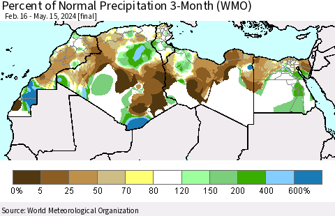 North Africa Percent of Normal Precipitation 3-Month (WMO) Thematic Map For 2/16/2024 - 5/15/2024