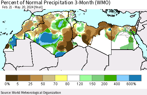 North Africa Percent of Normal Precipitation 3-Month (WMO) Thematic Map For 2/21/2024 - 5/20/2024