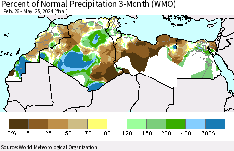 North Africa Percent of Normal Precipitation 3-Month (WMO) Thematic Map For 2/26/2024 - 5/25/2024