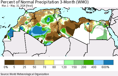North Africa Percent of Normal Precipitation 3-Month (WMO) Thematic Map For 3/1/2024 - 5/31/2024