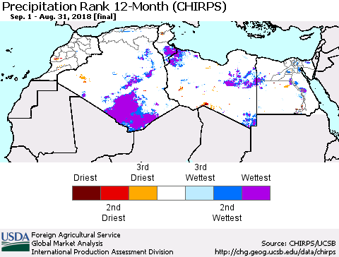 North Africa Precipitation Rank since 1981, 12-Month (CHIRPS) Thematic Map For 9/1/2017 - 8/31/2018