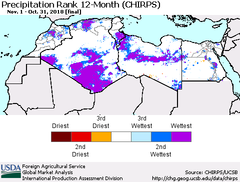 North Africa Precipitation Rank since 1981, 12-Month (CHIRPS) Thematic Map For 11/1/2017 - 10/31/2018