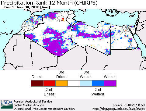 North Africa Precipitation Rank since 1981, 12-Month (CHIRPS) Thematic Map For 12/1/2017 - 11/30/2018
