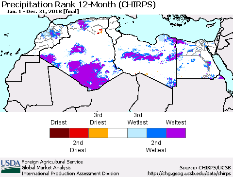 North Africa Precipitation Rank since 1981, 12-Month (CHIRPS) Thematic Map For 1/1/2018 - 12/31/2018