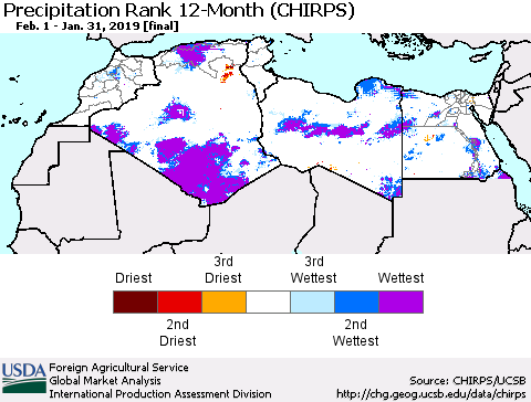 North Africa Precipitation Rank since 1981, 12-Month (CHIRPS) Thematic Map For 2/1/2018 - 1/31/2019
