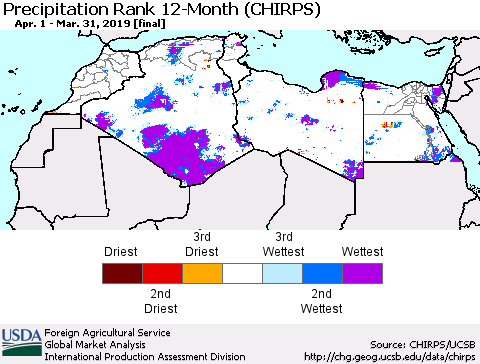 North Africa Precipitation Rank since 1981, 12-Month (CHIRPS) Thematic Map For 4/1/2018 - 3/31/2019