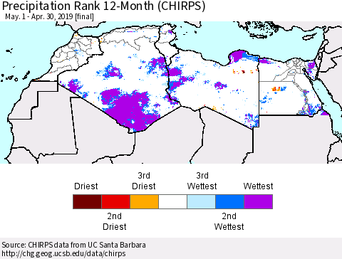 North Africa Precipitation Rank since 1981, 12-Month (CHIRPS) Thematic Map For 5/1/2018 - 4/30/2019