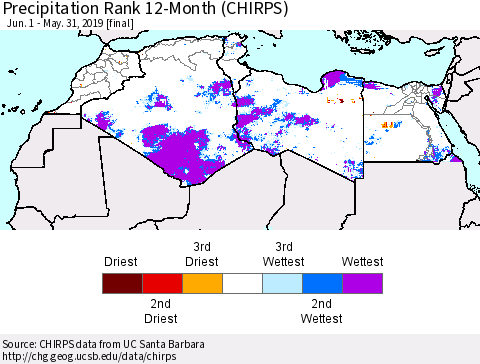 North Africa Precipitation Rank since 1981, 12-Month (CHIRPS) Thematic Map For 6/1/2018 - 5/31/2019