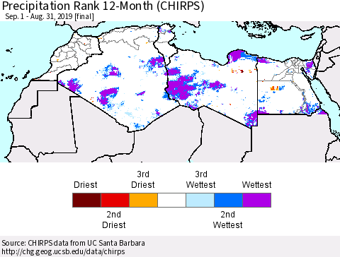 North Africa Precipitation Rank since 1981, 12-Month (CHIRPS) Thematic Map For 9/1/2018 - 8/31/2019
